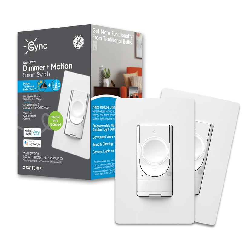Cync GE Lighting Smart Dimmer Light Switch + Motion Sensor, Neutral Wire Required, Bluetooth and 2.4 GHz Wi-Fi 4-Wire Switch, Compatible with Alexa and Google Home (2 Pack) - Image 1